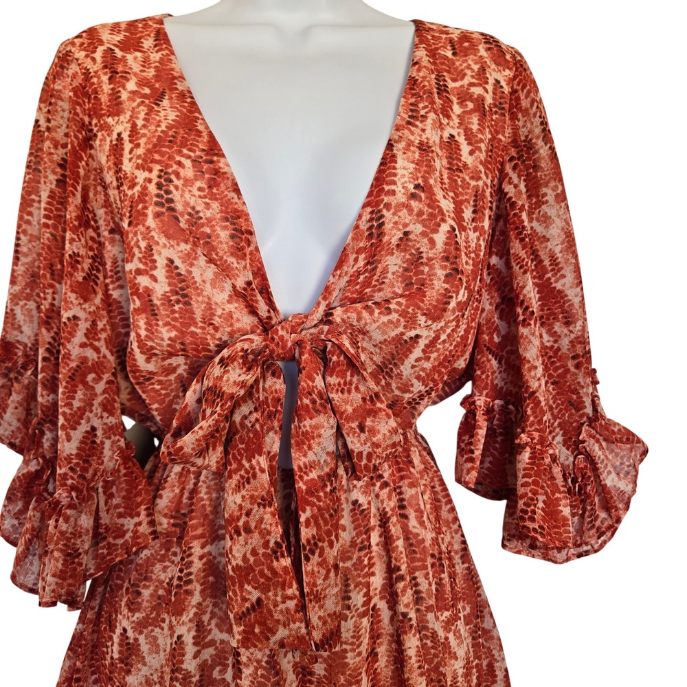 Saints + Secrets Rust Snake Print Ruffle Tie Front Romper Size XS Boho Festival - Picture 5 of 9